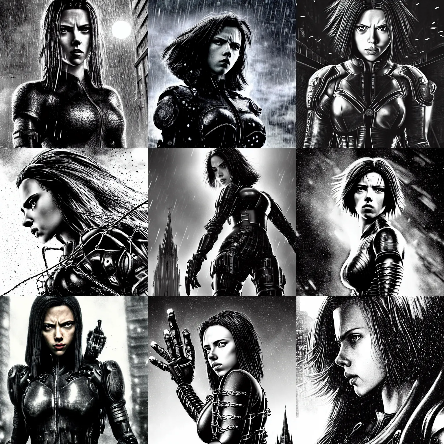 Prompt: angry scarlett johansson, wearing rain soaked chains armour in heavy rain, incredibly fine detailed portrait, battle angel alita, black and white, dynamic angle, pencil and ink manga, elegant, full body profile, far way wide angle 3 5 mm camera shot, highly detailed, dramatic full moon lighting, gothic cathedral prodominently in the background, movie cover