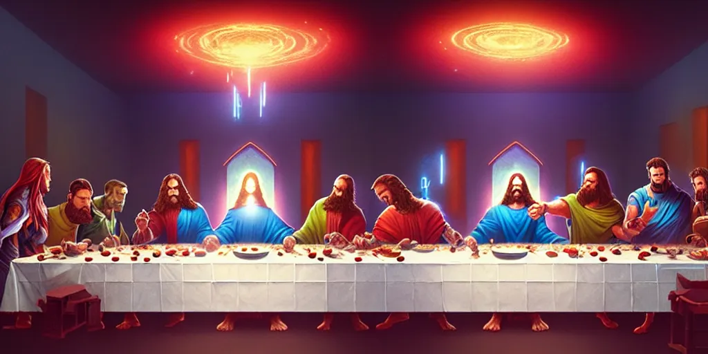 Image similar to marvel universe last supper by beeple and greg rutkowski, digital painting, trending on artstation, sharp focus, 4 k