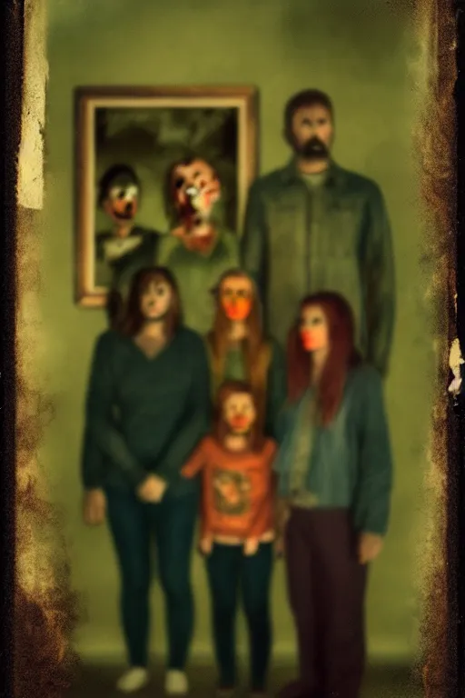 Image similar to an unsettling colored family photograph shot on polaroid, anxious people standing in a large haunted house, phantom ghosts in the background, cinematic, horror, photorealistic, vintage, artstation, painterly, expressive