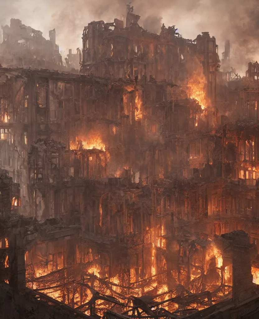 Image similar to concept art of ruins of a victorian city burning down by j. c. leyendecker, wlop, ruins, dramatic, octane render, epic painting, extremely detailed, 8 k