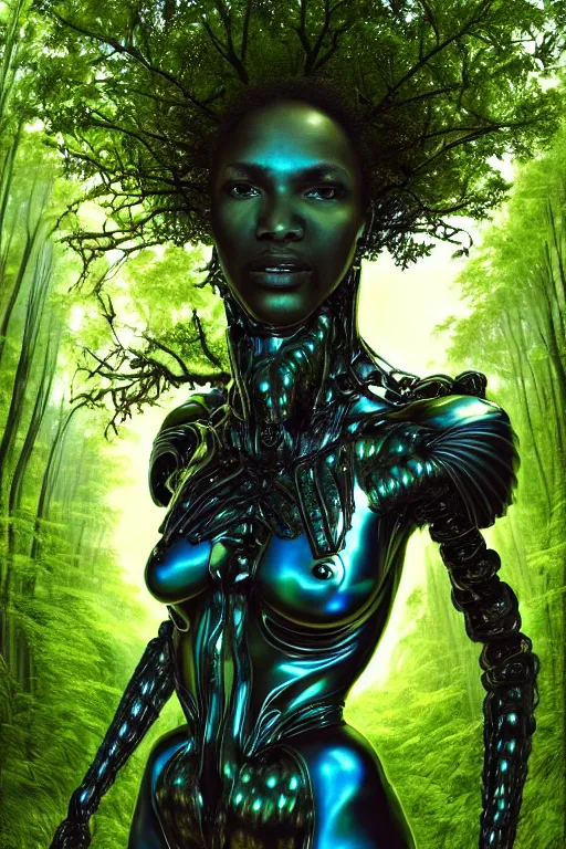 Image similar to hyperrealistic post - baroque super expressive! black woman with exoskeleton armor, merging with tree in a forest, highly detailed digital art masterpiece smooth cam de leon eric zener dramatic pearlescent blue green light ground angle hd 8 k sharp focus