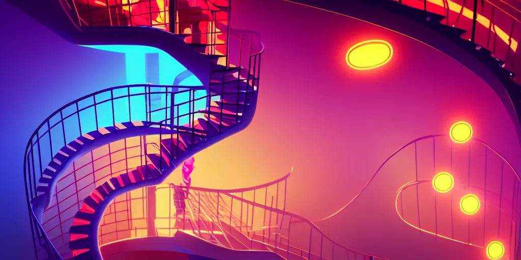 Image similar to spiral lines, minimalistic, extreme wide angle, curved perspective, digital art, subsurface scattering, indoor casino staircase, by anton fadeev, lorax movie, cotton candy smoke, artstation, neon lights