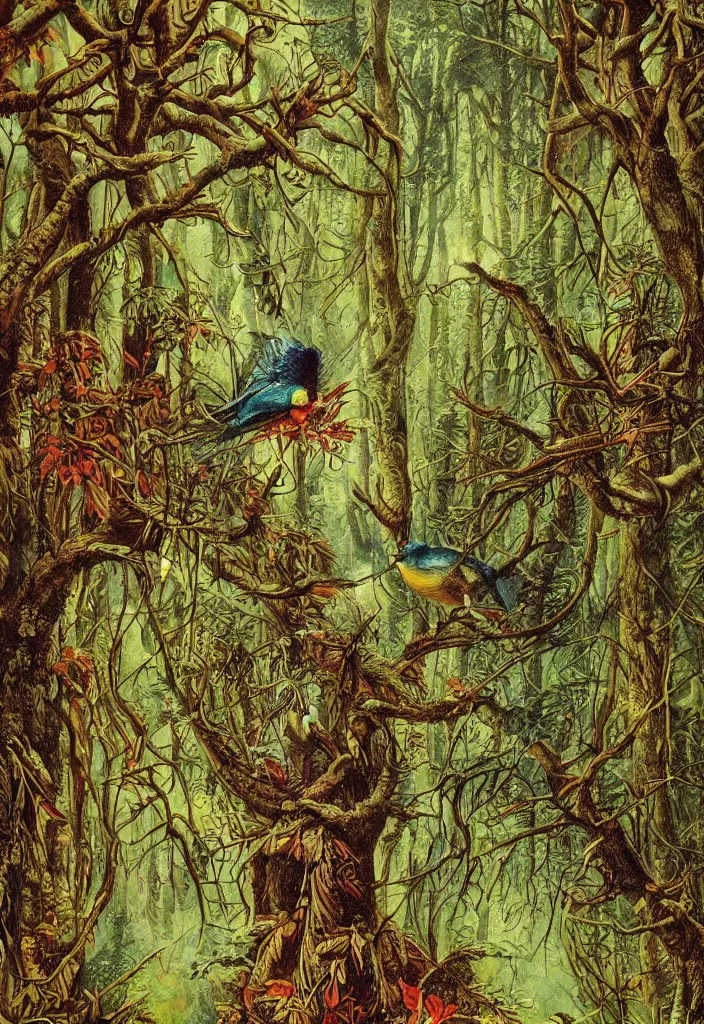 Prompt: a bird in a forrest in the style of patrick woodroffe, masterpiece, fantastic, High quality image