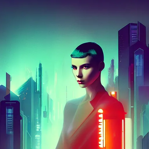 Image similar to portrait handsome androgynous sci - fi girl, blade runner 2 0 4 9, futuristic metropolis background, drones, digital art, pop art by hsiao - ron cheng