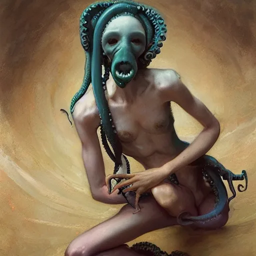 Prompt: a sad humanoid octopus girl with tentacles instead of limbs sitting on the floor, oil painting by Edgar Maxence and Ross Tran and Michael Whelan and greg rutkowski