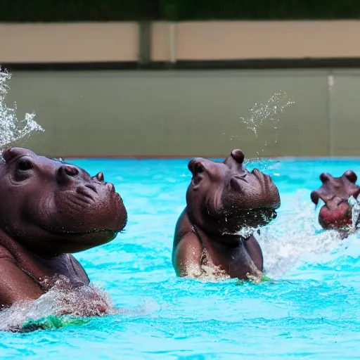 Prompt: hippopotamuses playing with humans, water polo. sports photograph.