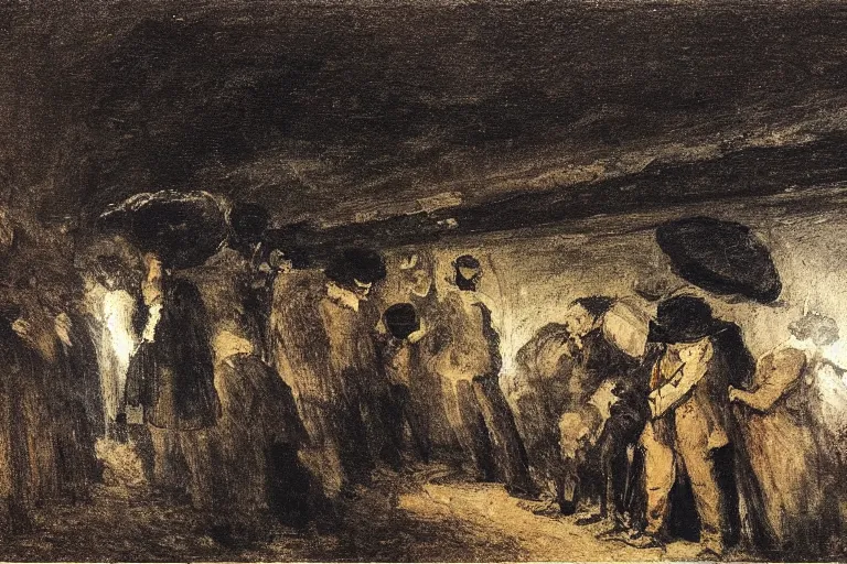 Image similar to goya painting of a dirty subway station in new york city