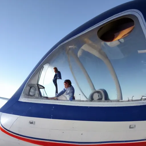 Prompt: an airplane with a tiny whale pilot, the whale is in the airplane cabin, the whale head can be seen through the window by people outside the airplane, the whale can be seeing inside the front of the plane