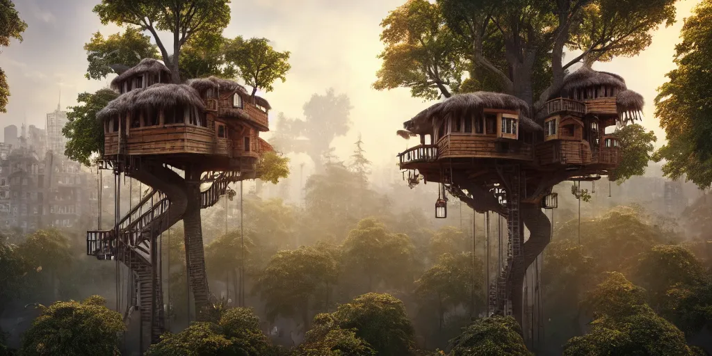 Image similar to a treehouse city, highly detailed, 8 k, hdr, award - winning, octane render, artstation, volumetric lighting