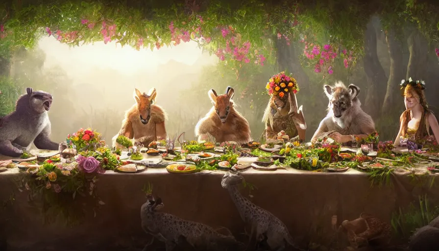 Image similar to a table dinner of exotic animals where animals are dressed like the characters from the midsommar movie wearing flowers, realistic detailed digital art by maxwell boas jessica rossier christian dimitrov anton fadeev trending on artstation cgsociety rendered in unreal engine 4 k hq