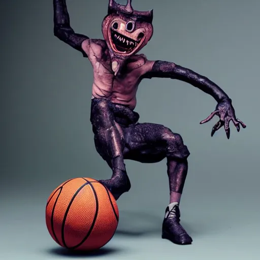 Prompt: a mimic pretending to be a basketball with a long tongue and sharp teeth