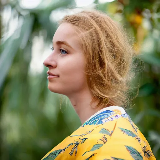 Prompt: petzval lens. shallow depth of field. head and shoulders portrait photograph of an extremely beautiful!!!! young blonde female. symetric face. round detailed eyes. with a very detailed barn owl! on her shoulder. wearing a yellow kimono!!.. in a tropical greenhouse. featured on flickr, art photography, photo taken with provia,