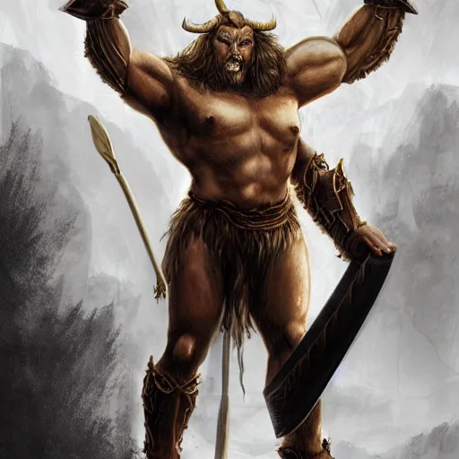 Prompt: Giant minotaur humanoid beast warrior with two handed axe, human face, concept art, heavy white and golden armor, impressive horns, long mane, full body, muscular, dungeons and dragons, hyperrealism, high details, digital painting, dark fantasy