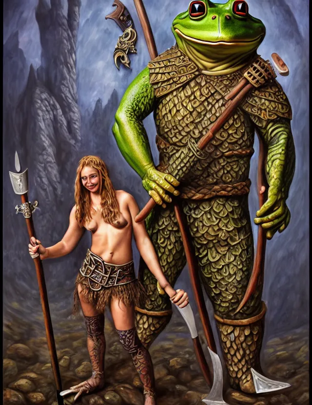 Prompt: anthropomorphic bipedal frog that is dressed as a medieval barbarian, and holding a giant club, as a matte oil painting, d & d character reveal, by alex grey, standing, fullbody, tattoos, piercings, knickknacks, mystic, concept art, award - winning, extremely detailed, sharp focus