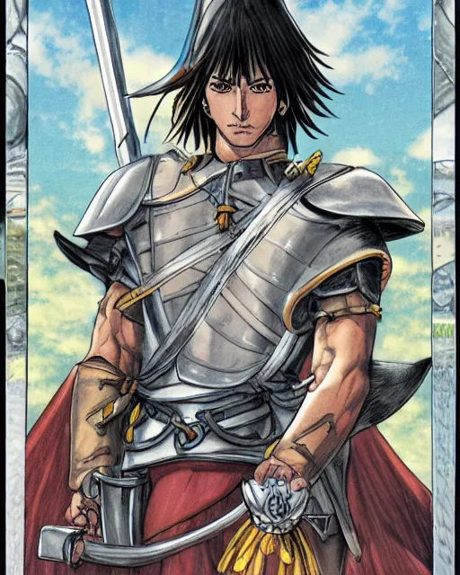Image similar to illustration of a spanish conquistador, art by takeshi obata and clay mann, studio ghibli color cheme, portrait, tarot card