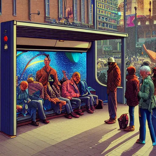 Prompt: people waiting in bus stop, by dan mumford, moebius, yukito kishiro, barclay shaw, octane hyperrealism maximalist render with cinematic dramatic light by karol bak and monge and rutkowsky