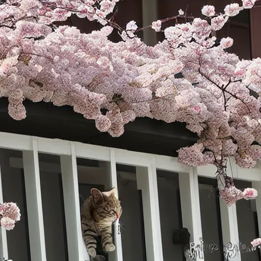 Prompt: cat on top of a balcony, viewing many cherry blossom trees from below, anime