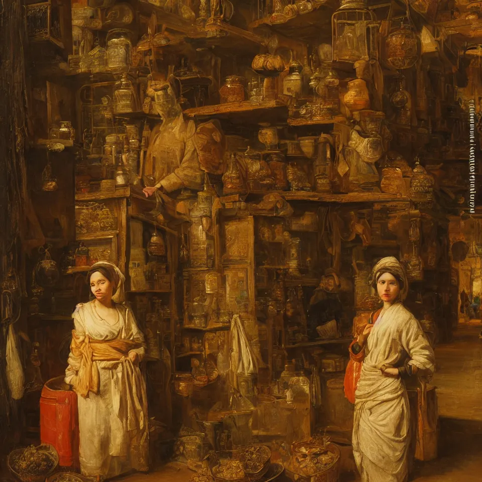 Image similar to young woman standing in a spice market at night by johann mongels culverhouse, oil on canvas, masterful intricate artwork, high detail 8 k