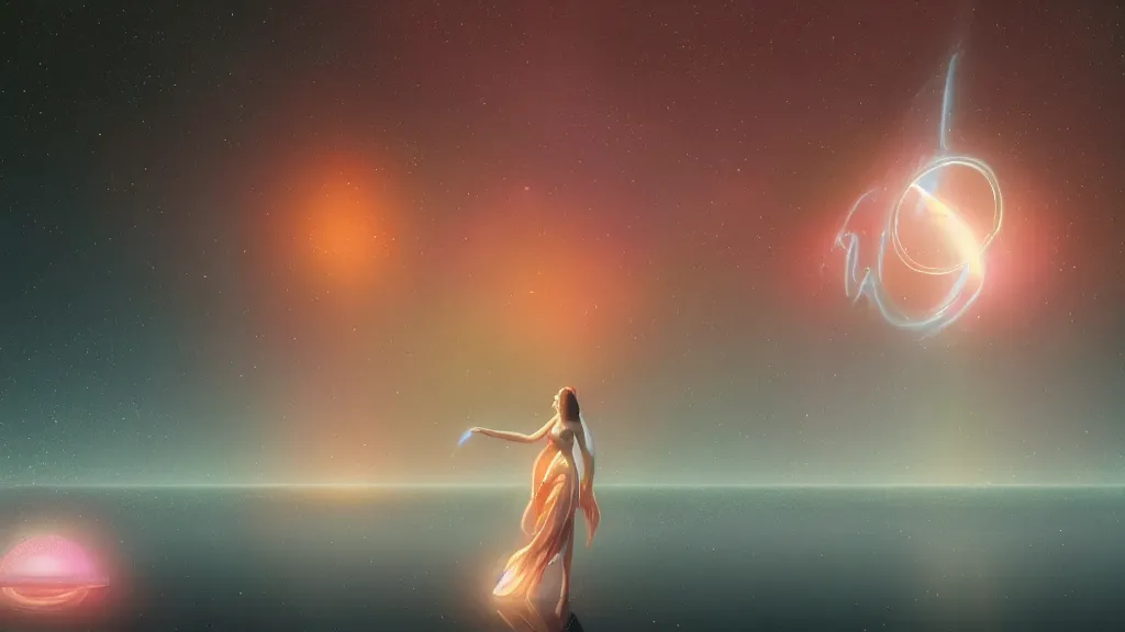 Prompt: a beautiful whimsical goddess standing in a lake basking in the moonlight, underneath a multi-colored binary blackhole with an accretion disc, glowing trails following her arm, by Lois van Baarle, by Greg Rutkowski, by artgerm, by beeple, by studio ghibli, cinematic angle, volumetric lighting, 4k resolution, octane render, trending on artstation, masterpiece