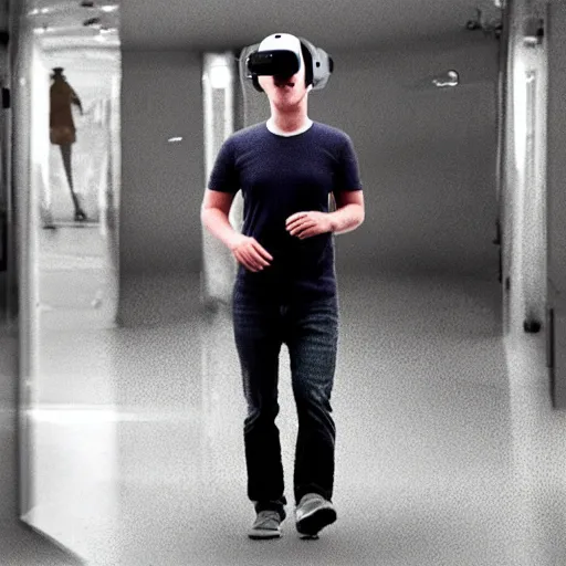 Prompt: mark zuckerberg lost walking in his endless metaverse house of mirrors, vr helmet on