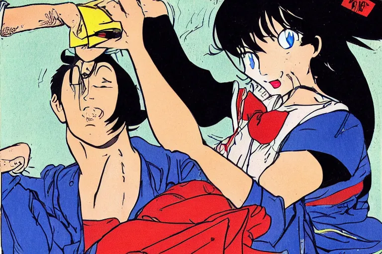 Prompt: a guy putting a dustbin over the head of a girl, in the style of Takahashi, Rumiko