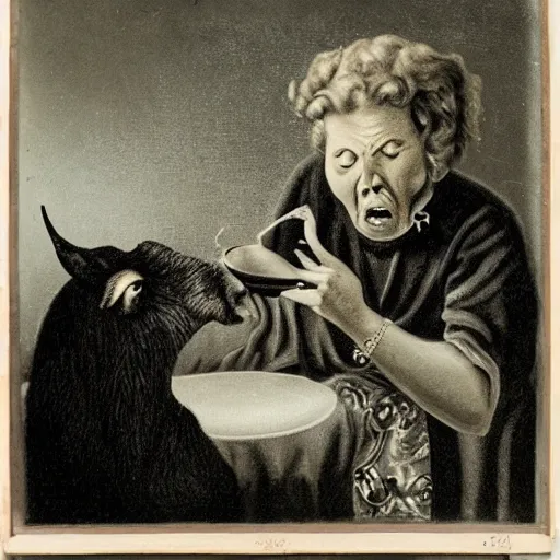 Prompt: a surrealist image of an old woman swallowing a whole goat