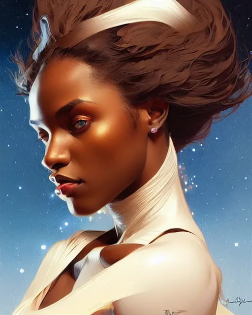 Image similar to Portrait of very very very very very very beautiful nigerian woman, spacesuit, blue eyes, real life skin, intricate, elegant, highly detailed, artstation, concept art, smooth, sharp focus, art by artgerm and greg rutkowski and alphonse mucha