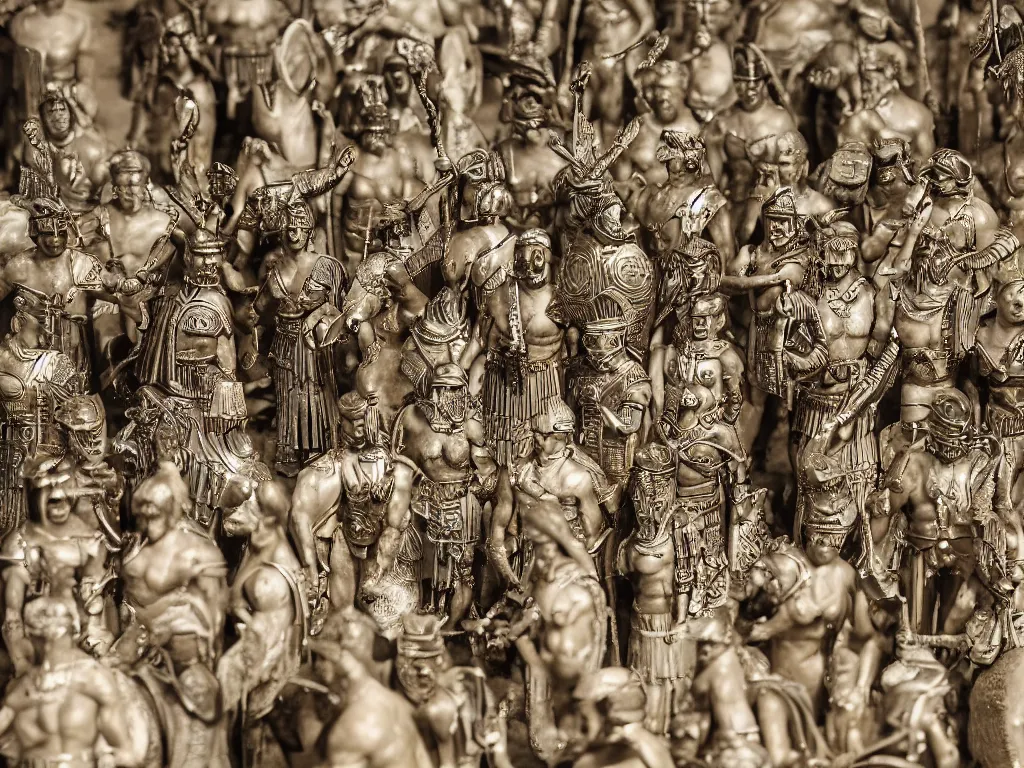 Prompt: Roman legions of Caesar parading in Rome, in the style of Jérôme Bosch, intricate details