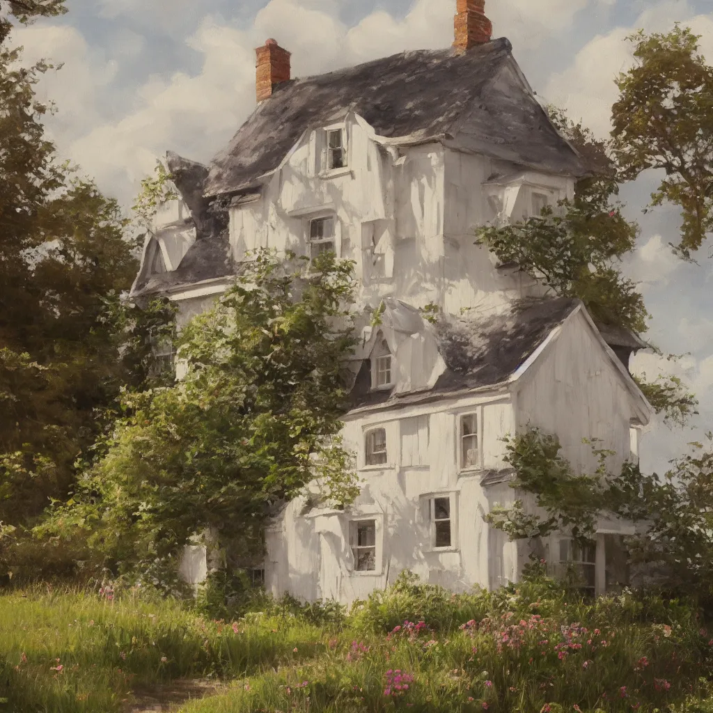 Image similar to cottage with emma watson standing close in front, aesthetic, oil painting, pale colors, high detail, 8 k, wide angle, trending on artstation,