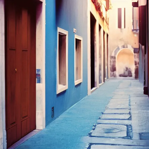 Image similar to kodak portra 8 0 0, flickr photograph view of a calm hallway street street with blue roses in downtown neo - venezia in a dreamy afternoon, a corner shop can be seen