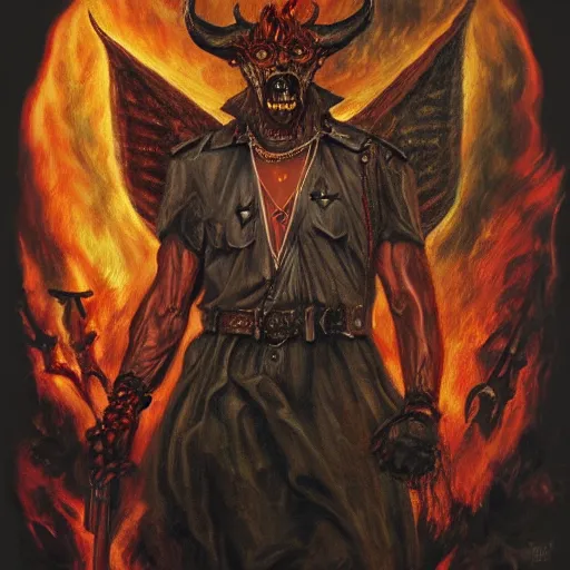 Image similar to igor ivanovich strelkov became an bloody angry degraded satanic hellfire demon and calling for total mobilization, photo - realistic, color image, 2 k, highly detailed, bodyhorror, occult art