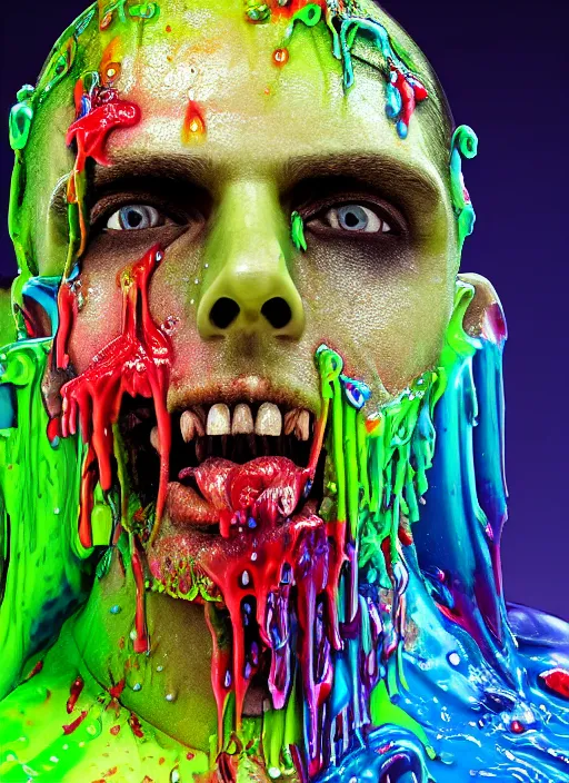 Image similar to beautiful profile photograph of a slimy rotting zombie cop covered in colorful wet goop, dripping with colorful liquid, policeman, cop, biocop, intricate details, dark ambient, service cap, atmospheric, elegant, super highly detailed, professional digital photo, artstation, concept art, 8 k