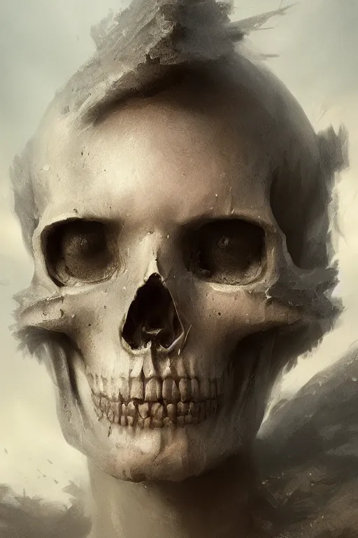 Image similar to avalon skull, close - up portrait, powerfull, intricate, elegant, volumetric lighting, scenery, digital painting, highly detailed, artstation, sharp focus, illustration, concept art, ruan jia, steve mccurry