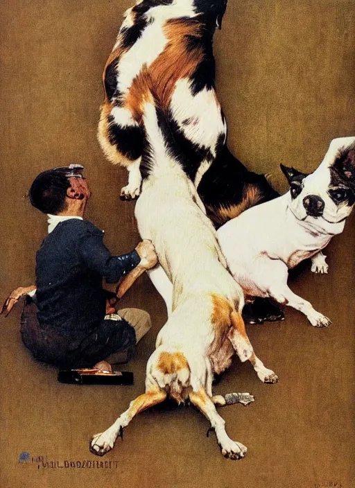 Image similar to a norman rockwell painting of an exploding dog