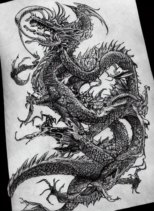 Image similar to highly detailed picture of great dragon, sketch tattoo, dark, black theme, japan style, highly detailed, masterpiece, trending on artstation, golden ratio, cinematic romantic magical, perfect intricate