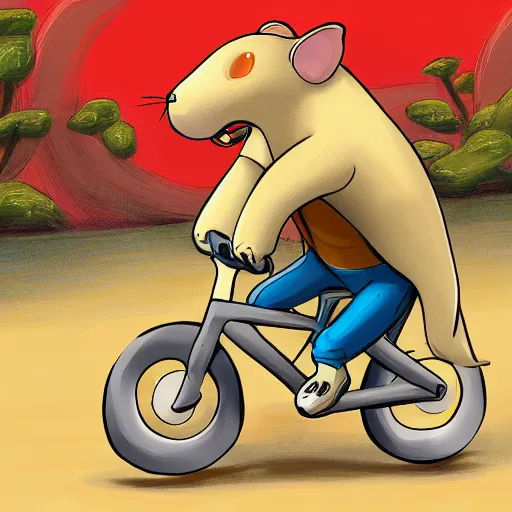 Image similar to digital painting of a cartoonish rat riding a bike made of swiss cheese, greg rutowski, artstation