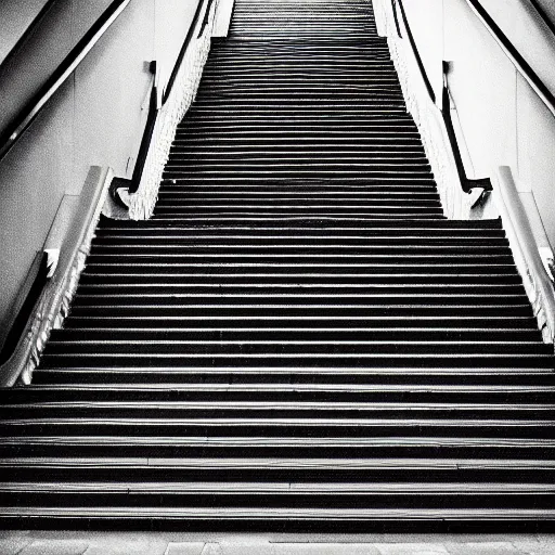 Image similar to black and white surreal photograph, highly detailed vast space made of stairsteps, sideview, detailed textures, natural light, mist, architecture photography, film grain, soft vignette, sigma 1 4 mm f / 1. 4 1 / 1 0 sec shutter, imax 7 0 mm footage