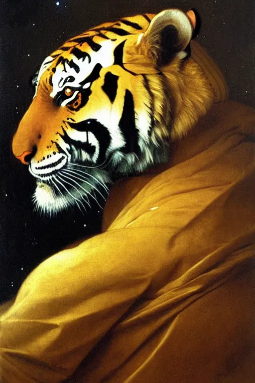 Prompt: portrait of a tiger astronaut with spacesuit and helmet, majestic, solemn, by bouguereau