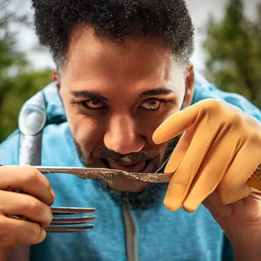 Image similar to the man eating a leqther boot with fork and knife