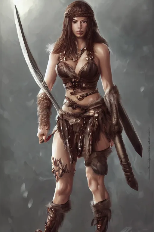 Prompt: portrait of a barbarian female, full body view, ultra sharp, very detailed, high quality focus by wlop