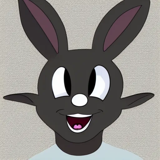 Image similar to A extremely highly detailed majestic hi-res beautiful, highly detailed head and shoulders portrait of a scary terrifying, horrifying, creepy black cartoon rabbit with scary big eyes, earing a shirt laughing, hey buddy, let's be friends, in the style of Walt Disney animation