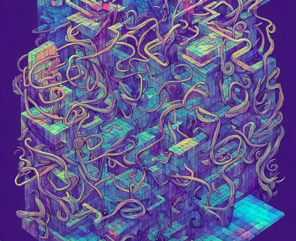 Image similar to arcane twisted turn of fate abstraction, centered award winning ink pen illustration, isometric abstract illustration by dan mumford, edited by craola, technical drawing by beeple and tooth wu, tiny details by artgerm and watercolor girl, symmetrically isometrically centered