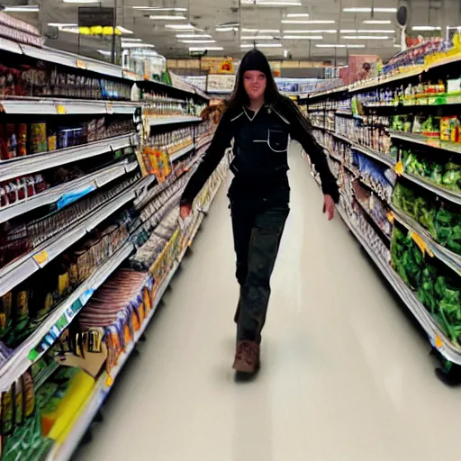 Image similar to alyx from half life doing groceries at the supermarket, picking up a can beans