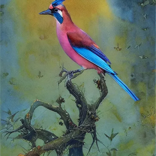 Image similar to a beautiful watercolor painting of a colorful jay in witch's garden, art by Beksinski, trending on artstation