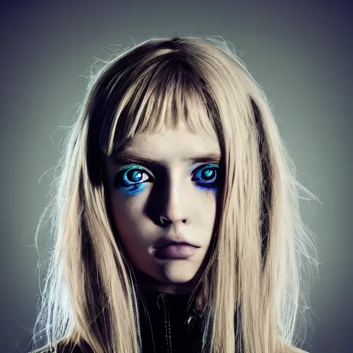 Prompt: A gorgeous blonde, grungy, glowing eyes, modelsociety, radiant skin, huge anime eyes, bright on black, dramatic, cinematic, studio lighting, perfect face, intricate, Sony a7R IV, symmetric balance, polarizing filter, Photolab, Lightroom, 4K, Dolby Vision, Photography Award