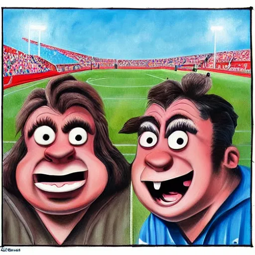 Image similar to beautiful lifelike painting of two bros having a sick time at rival soccer match in dog world, hyperreal detailed facial features and uv lighting, art by ed roth and basil wolverton