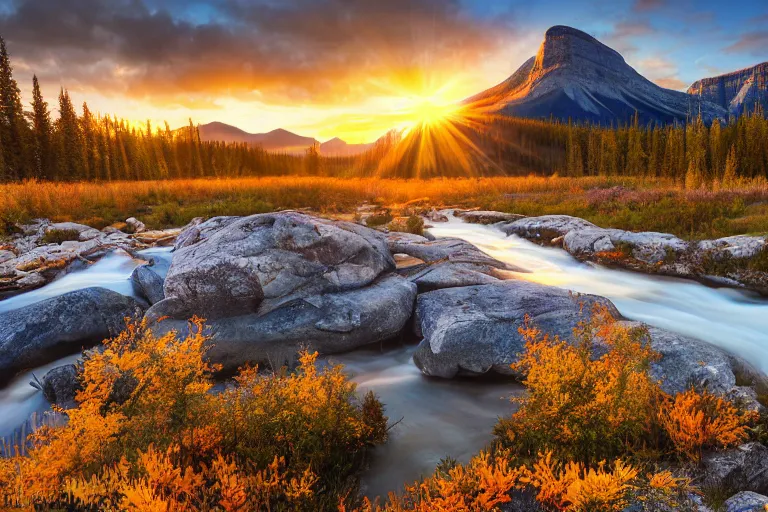 Prompt: an epic landscape painting of rundle mountain in alberta canada, at sunset in autumn, with a small river in the foreground, atmospheric, volumetric lighting, vibrant colors, rays of light, breathtaking, highly detailed