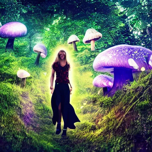 Image similar to a photo of beautiful girl walking through the astral plane mushroom forest using the gem of souls and life 4 k