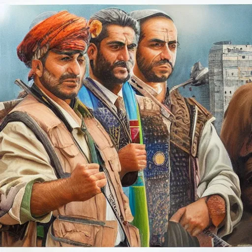Image similar to Kurdish lawyer, award winning painting, incredibly detailed, extremely detailed, trending on artstation, extremely hyperealistic, 8k hd