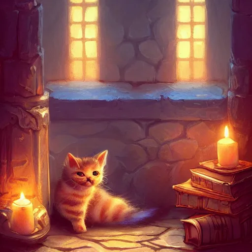 Image similar to beautiful fantasy illustration of an adorable kitten sleeping on the counter of a potion shop. candles, books. by andreas rocha and marc simonetti, trending on artstation 8k hq